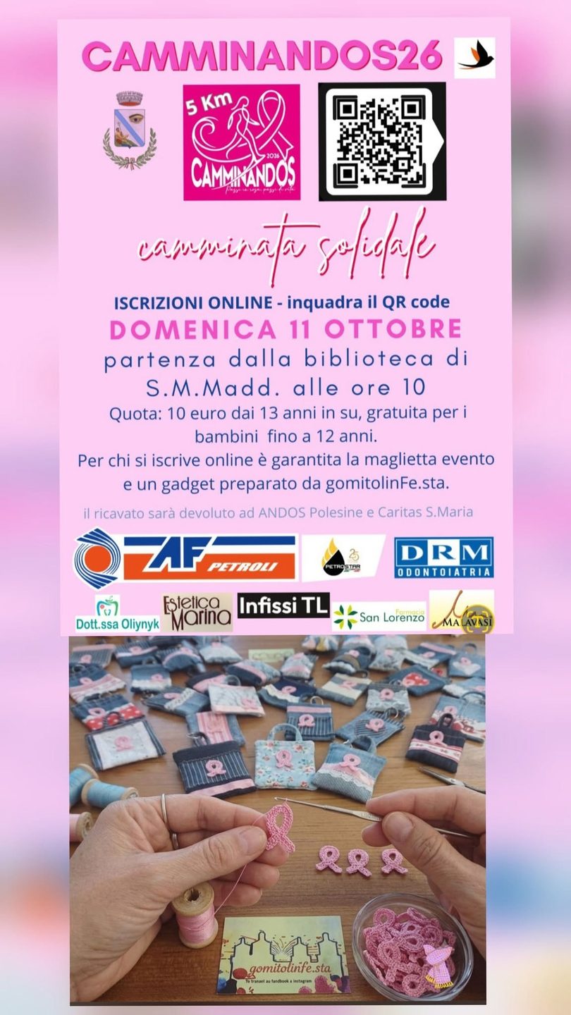 locandina di camminandos26 con sponsor e immagine di gomitolinfe.sta
